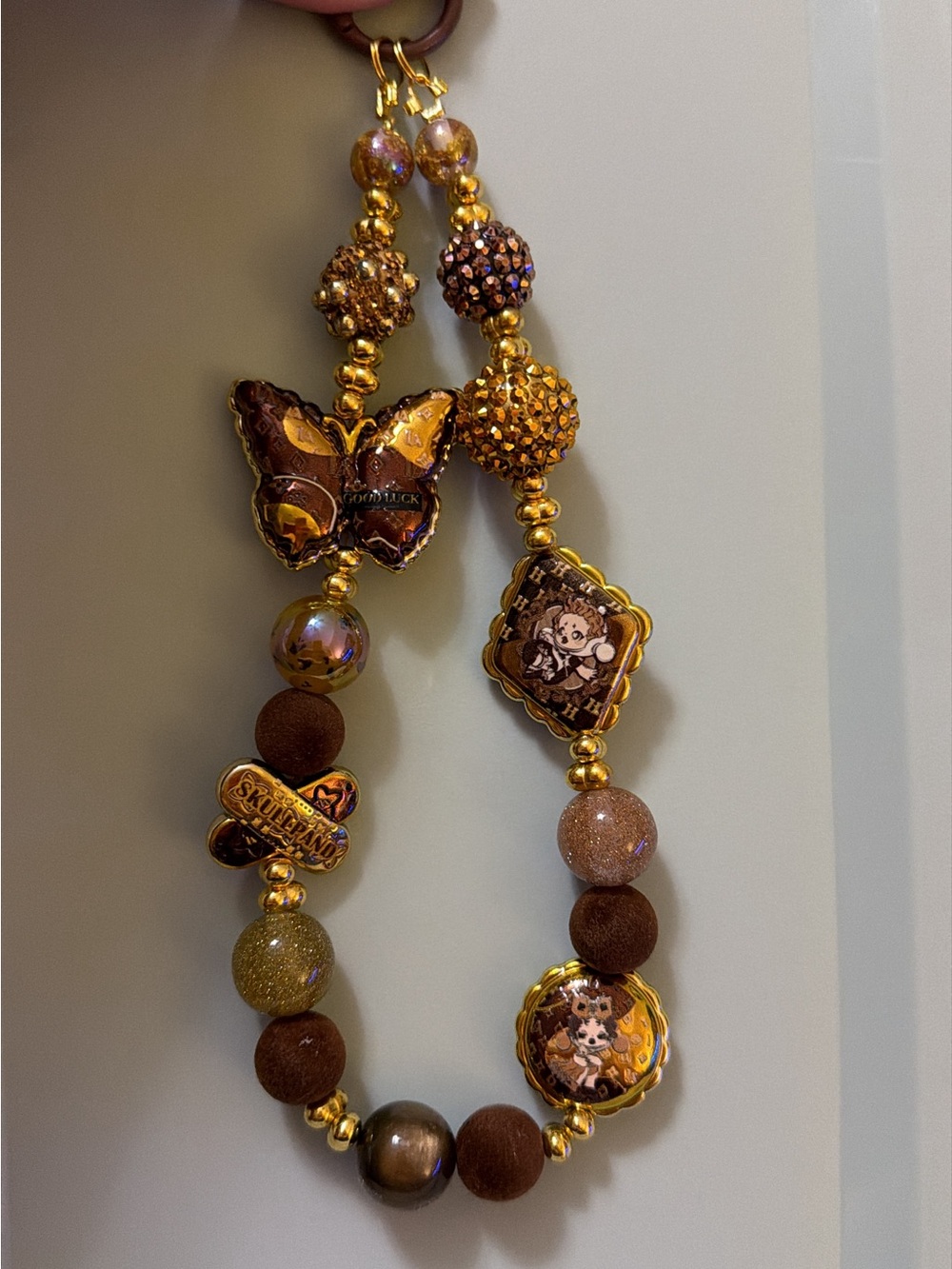 Gold and Brown Beaded Skull Panda- Bag/Phone/Key chain